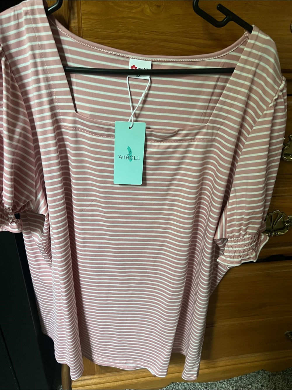 WIHOLL Pink & White Striped Square Neck Short Sleeve Top